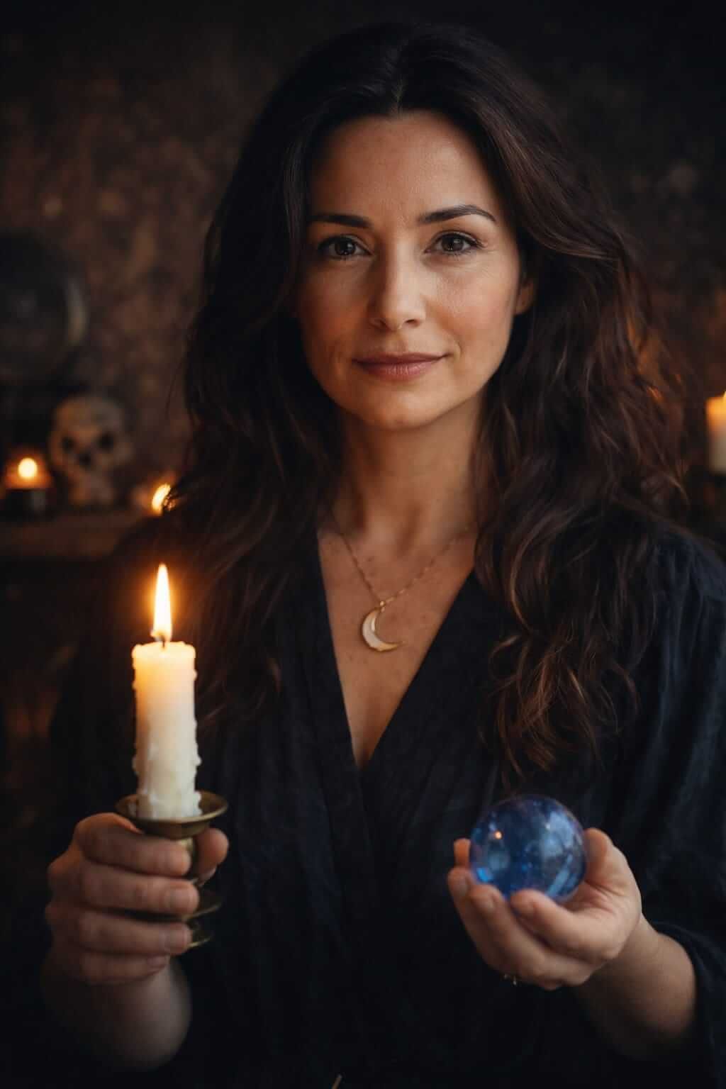Rituel énergétique – main tenant une bougie et une sphère bleue dans une ambiance sacrée