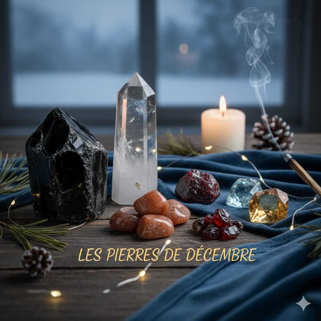 Les pierres de décembre sur une table en décor hivernal avec bougie, quartz clair et obsidienne.