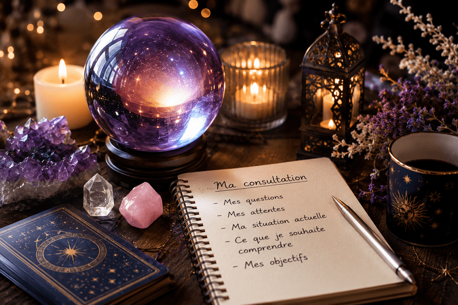 Préparer une consultation de voyance : carnet de questions, boule de cristal, cartes et ambiance spirituelle pour obtenir des réponses claires.