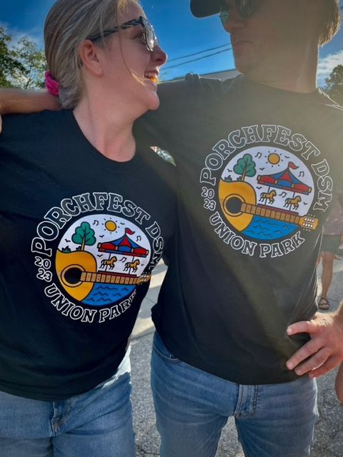 Porchfest DSM 2023 tee shirts for sale, at the event and then online if we run out