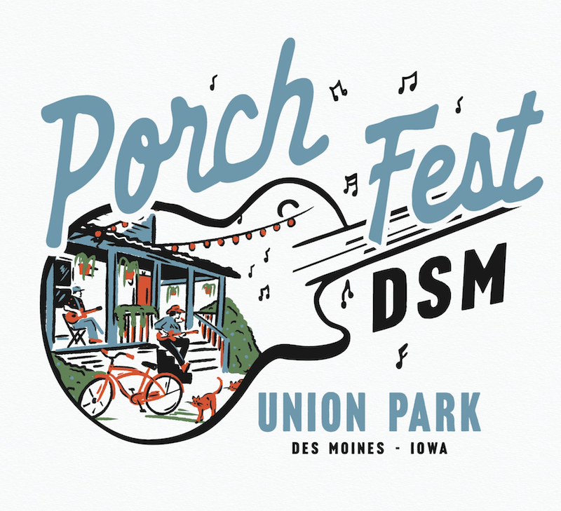 PorchFest DSM 2025's logo features strumming musicians on a welcoming porch, outlined by the silhouette of a guitar