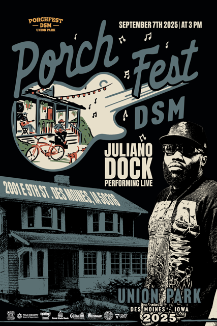 Juliano's creativity shines through the custom Porchfest poster he created for his set at 2001 E 9th St