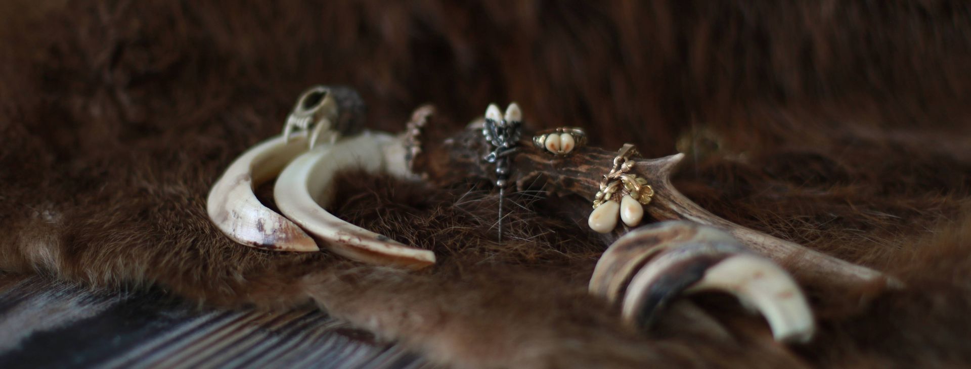 Auf einer Decke aus Tierfell liegt eine Auswahl von Trophäen und Talismane