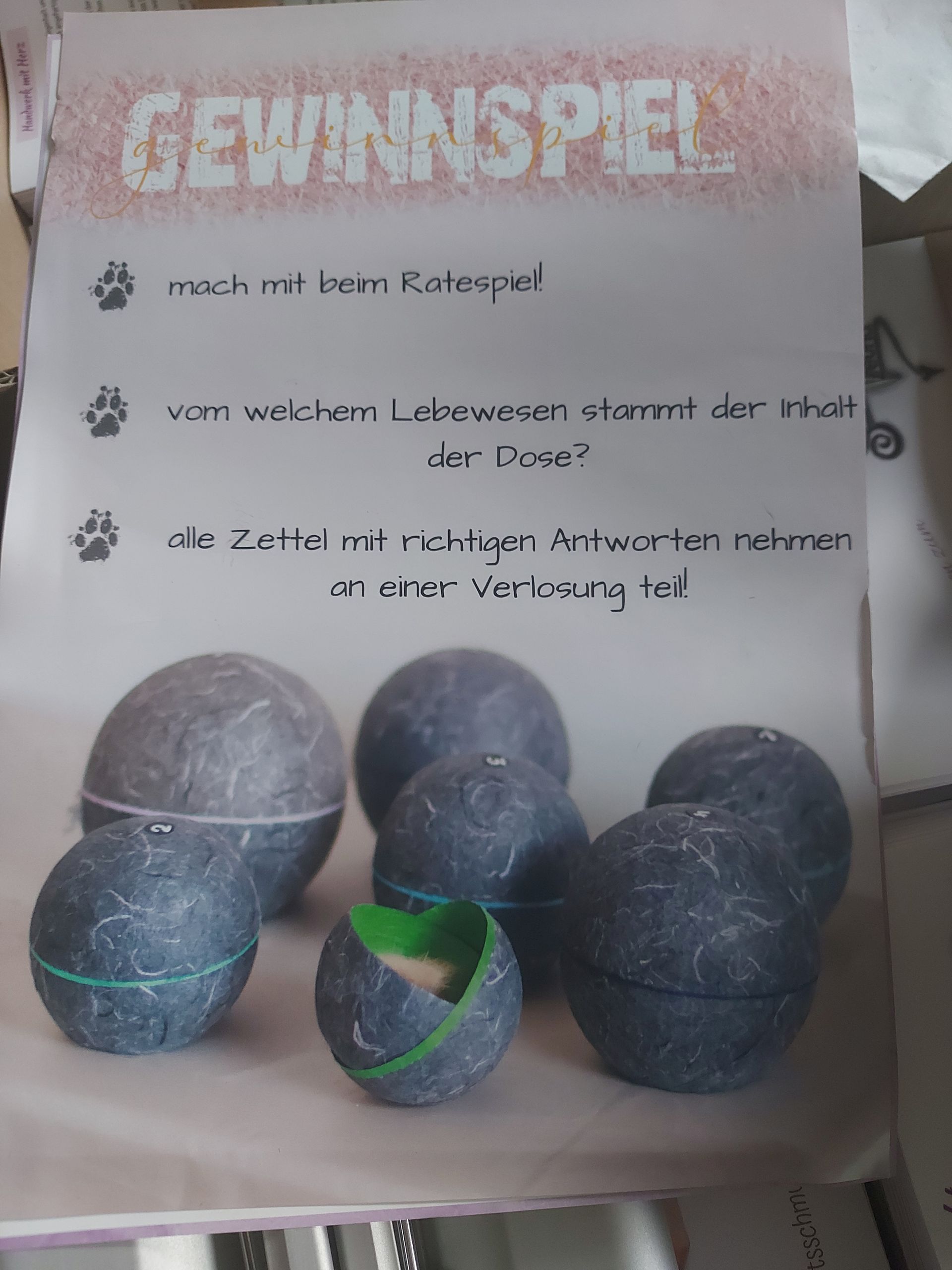 In den Papierdöschen von Pica design befinden sich wieder Haare und die Besucher müsssen die Tierbezeichnung zordnen und können einen Gutschein gewinnen.