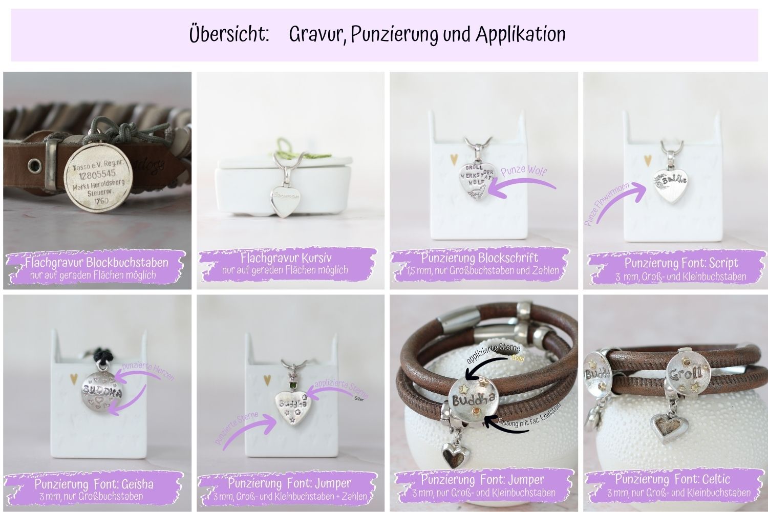 Die Schriftarten und Werkzeugtechniken zur individualisierrung Der Schmuck von Seelenfreund kann mit versschiedenen Techniken Verziert werden