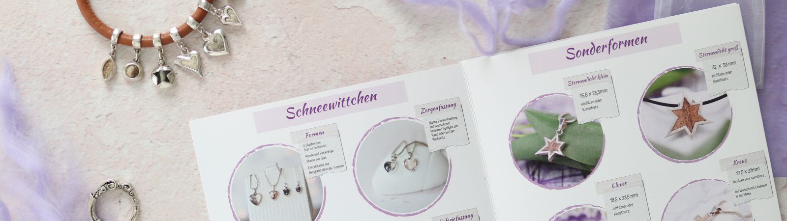 verschiedene Modelle an einem Collier und der Ausschnitt aus dem Modellkatalog mit Tierhaarschmuck von Seelenfreund