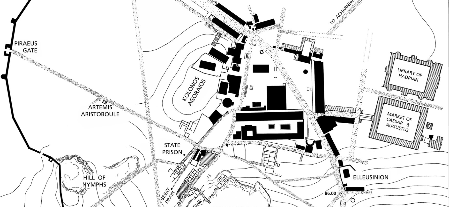 © Bild: ASCSA Digital Collections. American School of Classical Studies at Athens: Agora Excavations Die klassische „alte“ und die „neue“ römische Agora (Markt von Caesar und Augustus) im 2. Jahrhundert n. Chr.