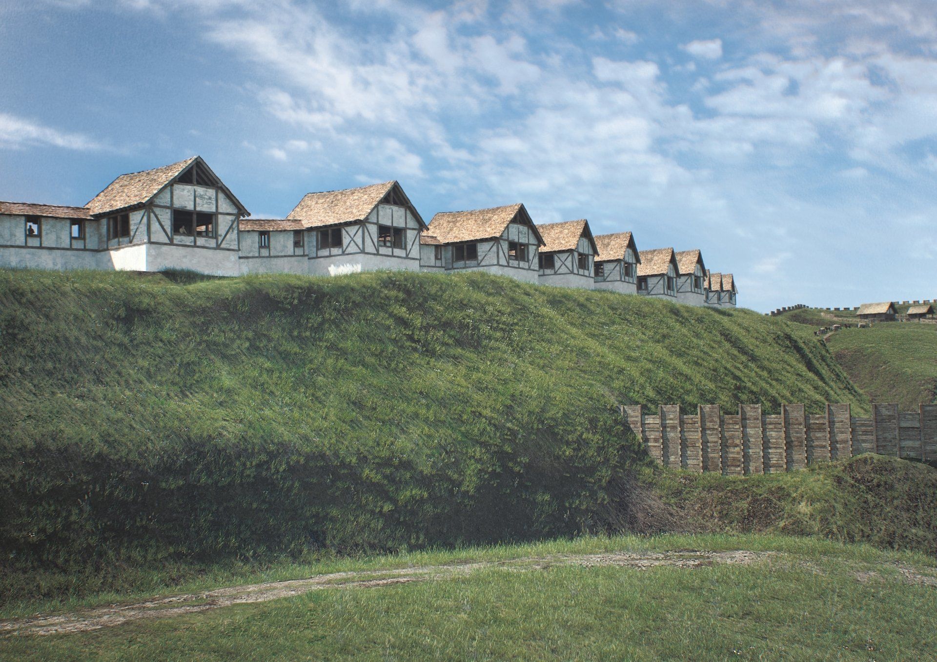 © Landesamt für Denkmalpflege im Regierungspräsidium Stuttgart/Grafik: Faber Courtial. Heuneburg: Westfassade z.Zt. der Lehmziegelmauer (Rekonstruktion)