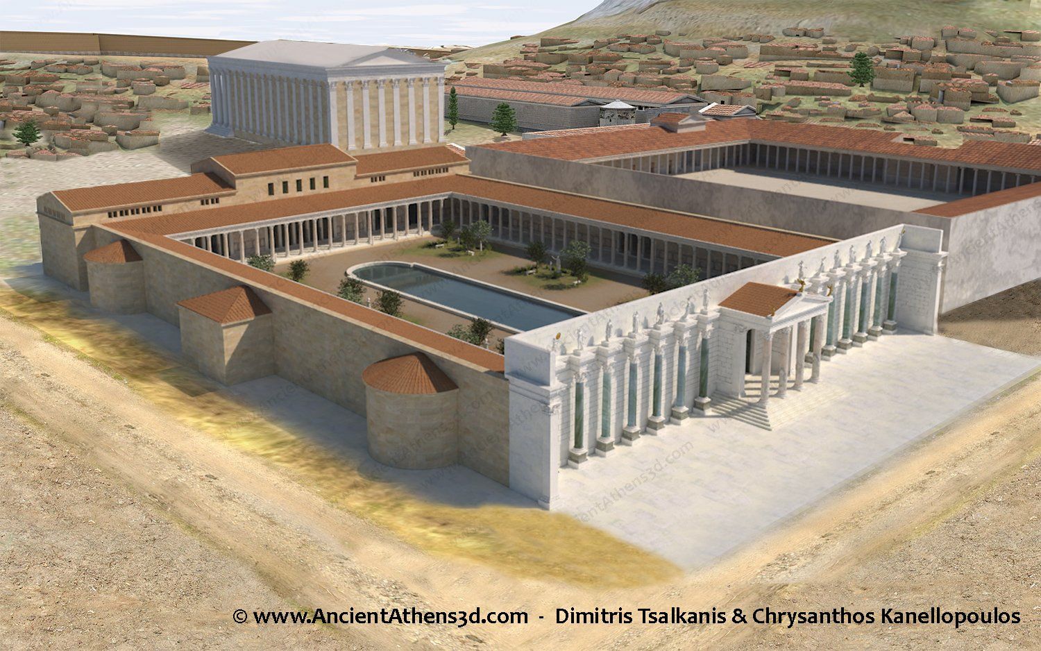 © Bild: Dimitrios Tsalkanis & Chrysanthos Kanellopoulos: ancientathens3d.com Hadriansbibliothek und römische Agora