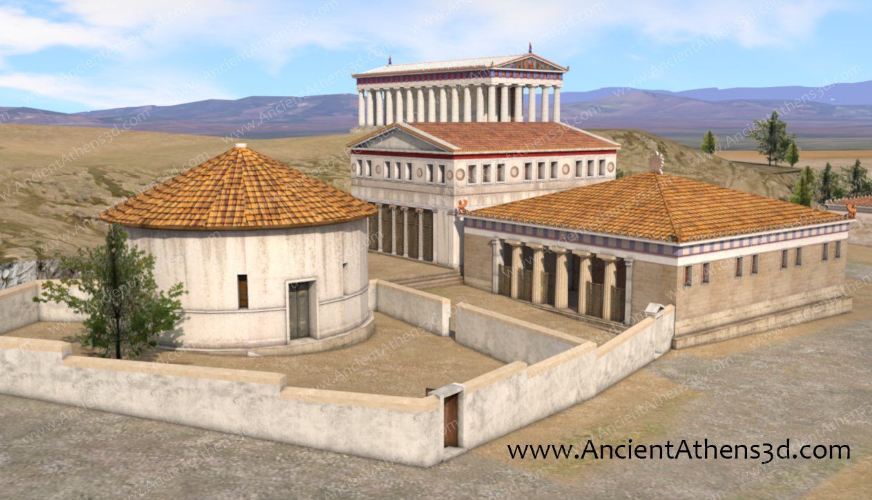 © Bild: Dimitrios Tsalkanis: ancientathens3d.com Die Südwestecke der Agora in Klassischer Zeit