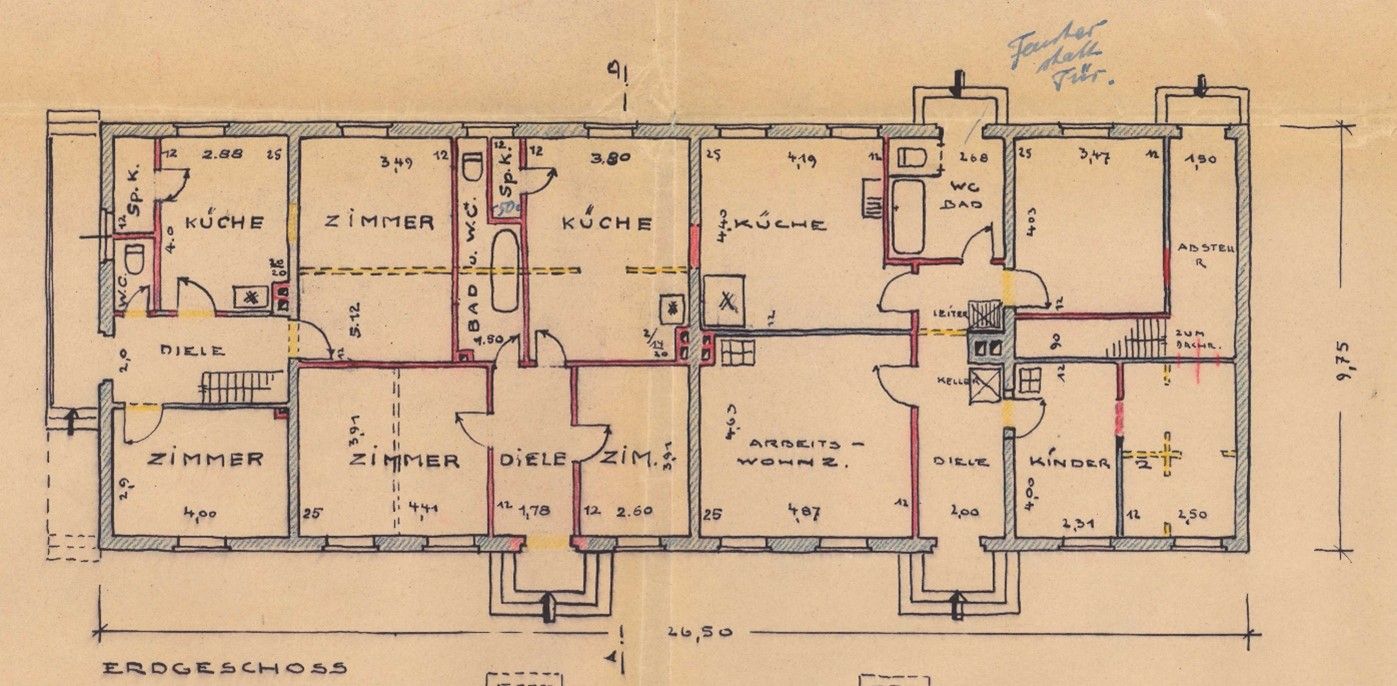 Grundriss zum Umbau einer Baracke in drei Lehrerwohnungen in der Essiger Straße 10-12 in Odendorf 1949 (Quelle: Archiv der Gemeinde Swisttal)