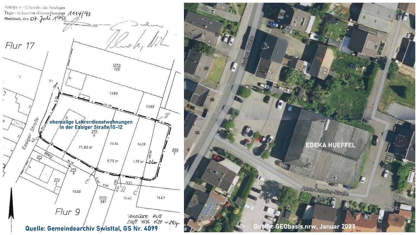 links: Ausschnitt aus einer Liegenschaftskarte, Essiger Straße 10-12; Früherer Standort der ehemaligen Lichtbildstelle der Luftwaffe, später Lehrerdienstwohnungen, heute EDEKA-Markt, rechts: Luftbild des selben Areals