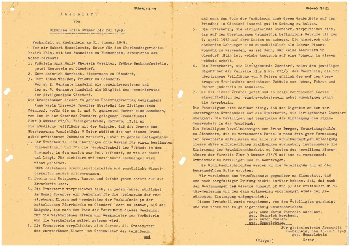 Abschrift des Übertragungsvertrages, geschlossen zwischen Anna Casalter und der Gemeinde Odendorf 1949 (Quelle: Archiv der Gemeinde Swisttal)