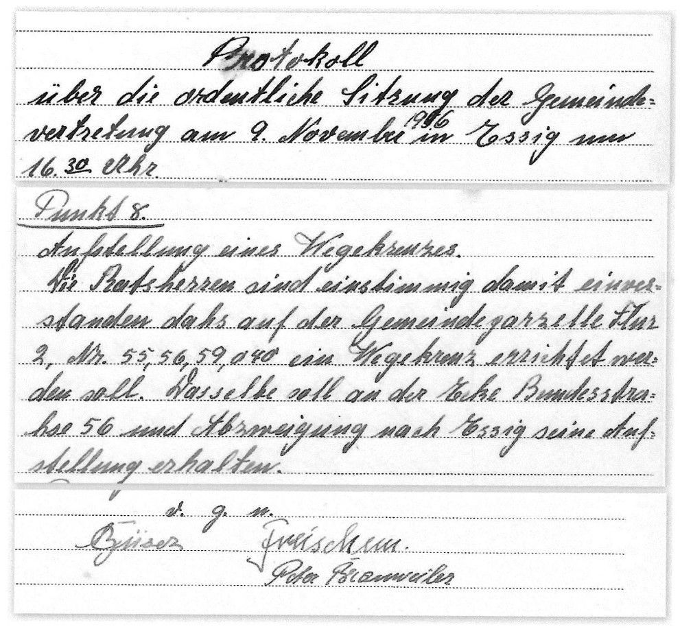 (Quelle: GA Swi Beschluss der Gemeindevertretung Essig über die Aufstellung des Kreuzes, (Auszug) 2023-02-28-105759)