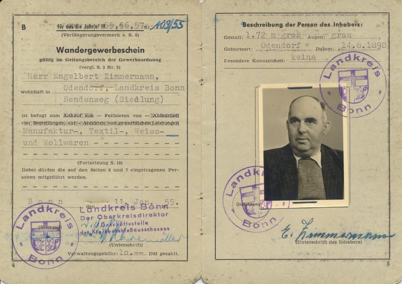 Wandergewerbeschein von Engelbert Zimmermann (Quelle: GASwi Sammlung Zimmermann)