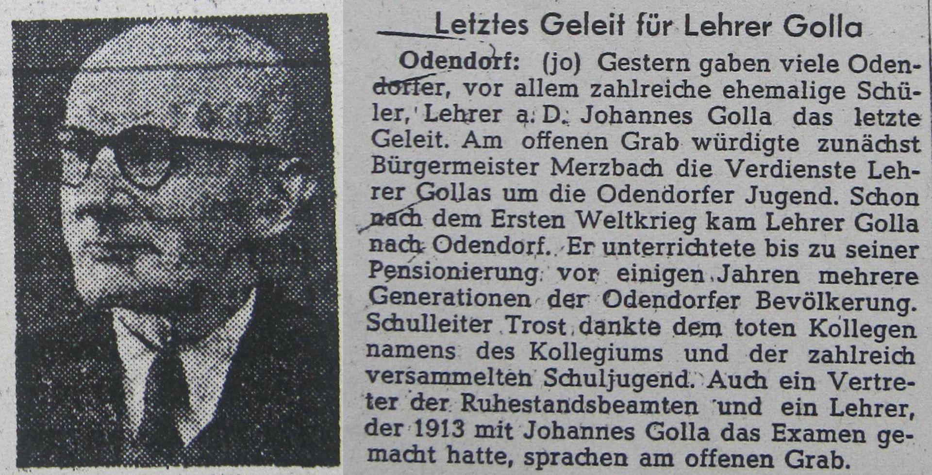 Letztes Geleit für Lehrer Golla (Quelle: General-Anzeiger Bonn, Juli 1965)