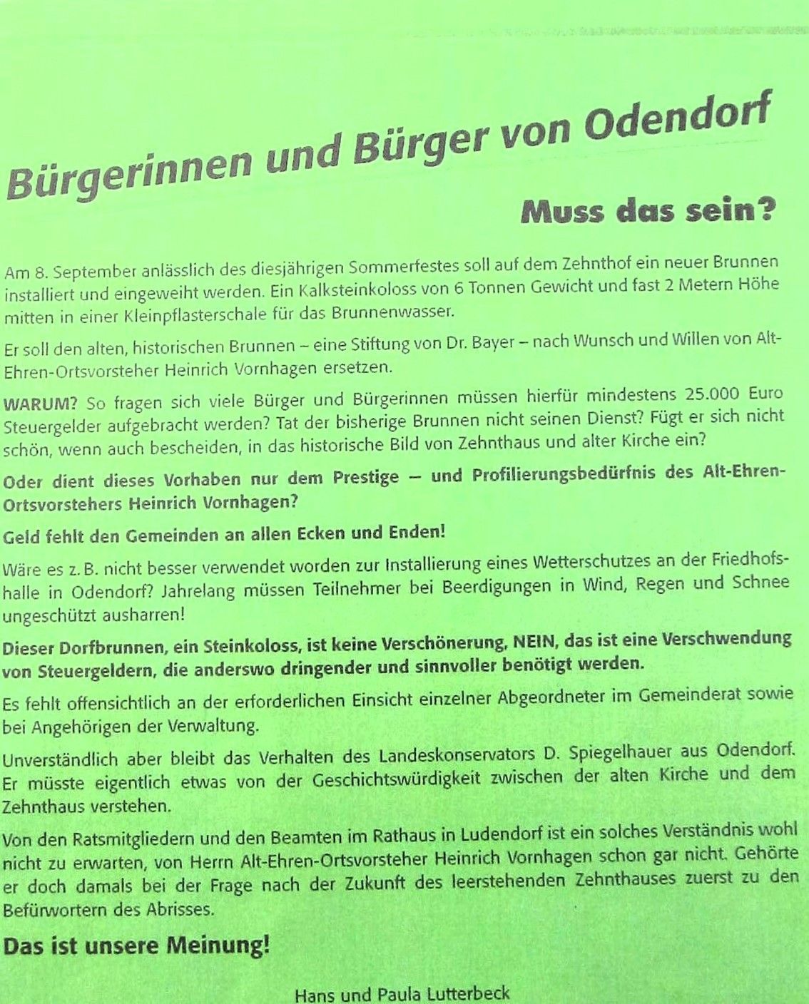 Flugblatt von Hans und Paula Lutterbeck von 2002