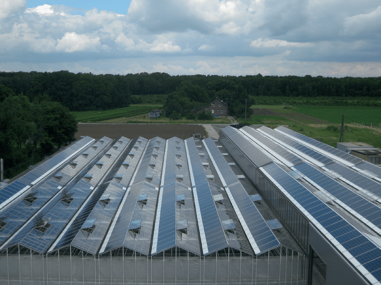 H.W. Mrotzek GmbH - Photovoltaik im Gewächshaus realisiert mit Indachmodulen bei Venlobauweise aus der Vogelperspektive