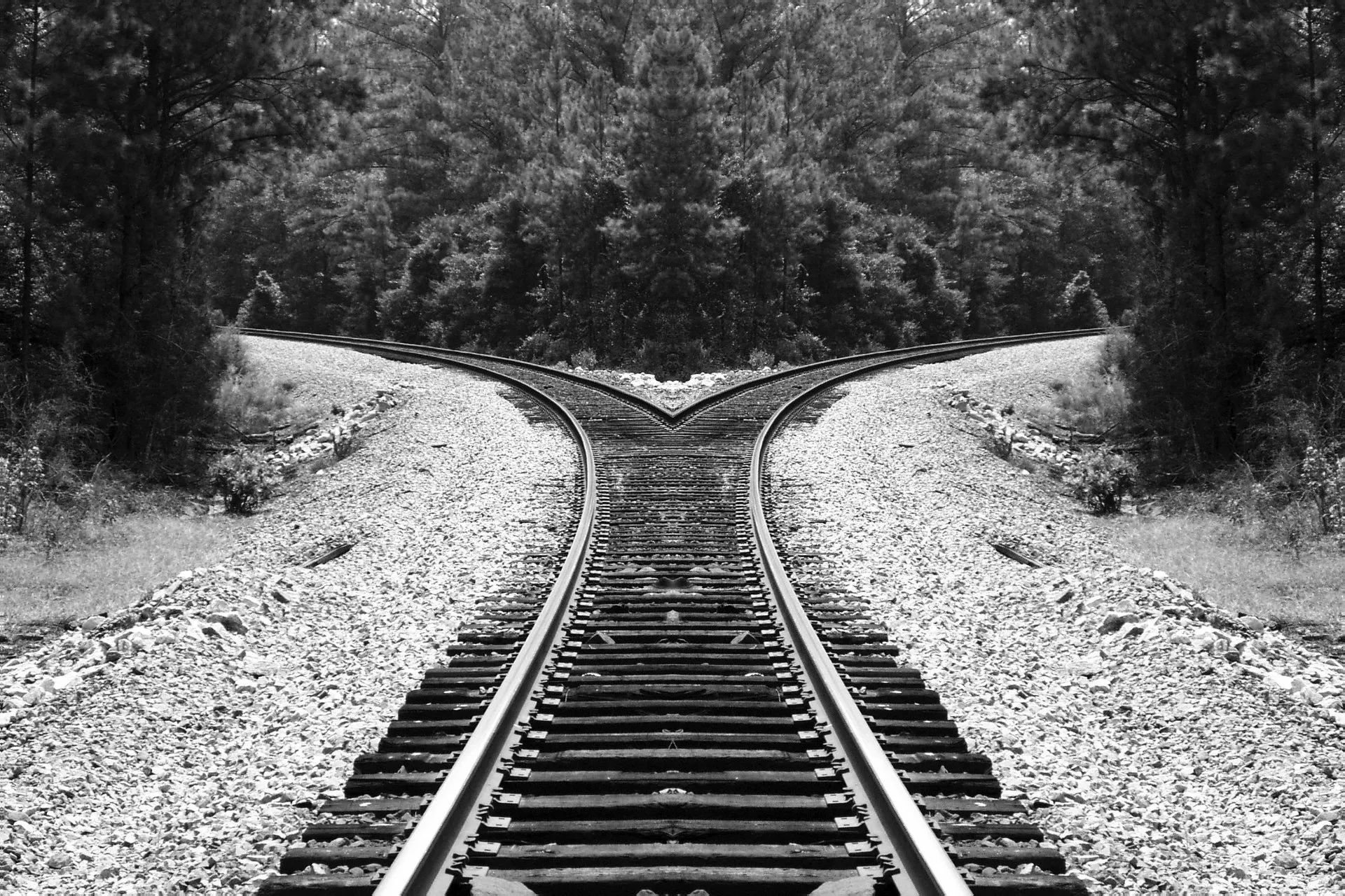 Imagen de una vía de tren que se bifurca en dos viajes divergentes