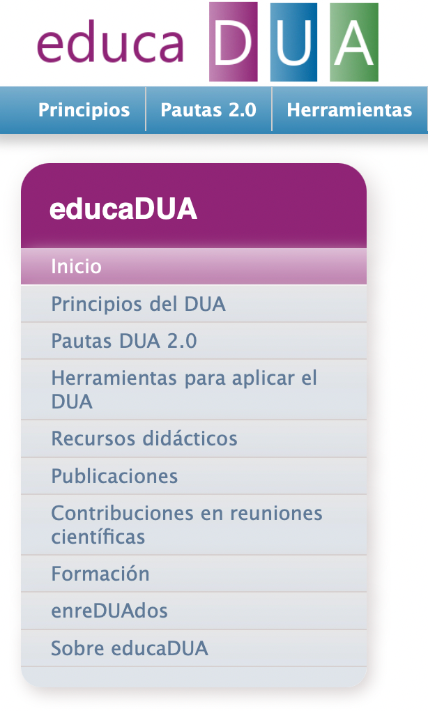 Portada de la Web educa DUA, con pestañas para principios, pautas 2.0 y Herramientas