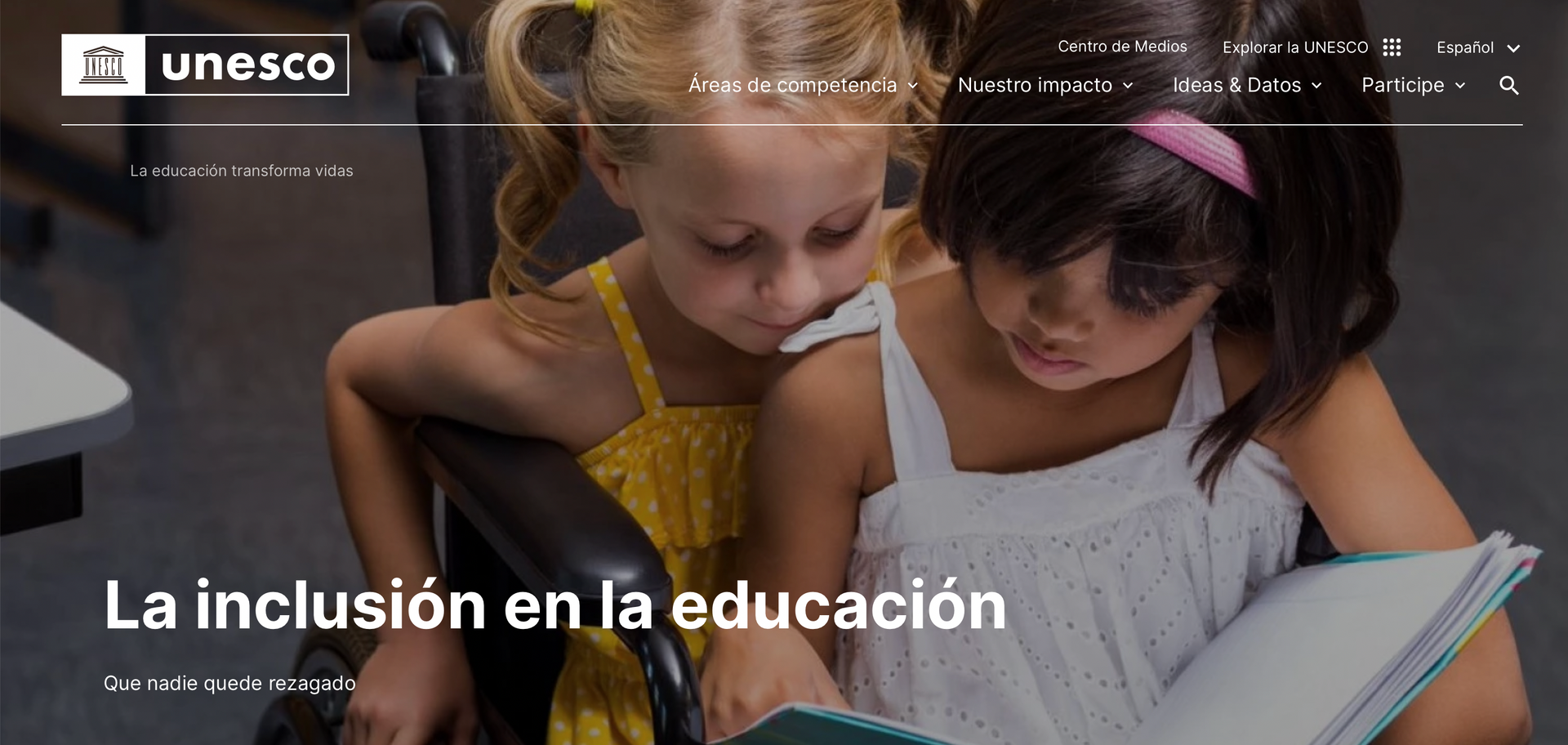 Foto portada de la WEB de la UNESCO sobre Inclusión en Educación