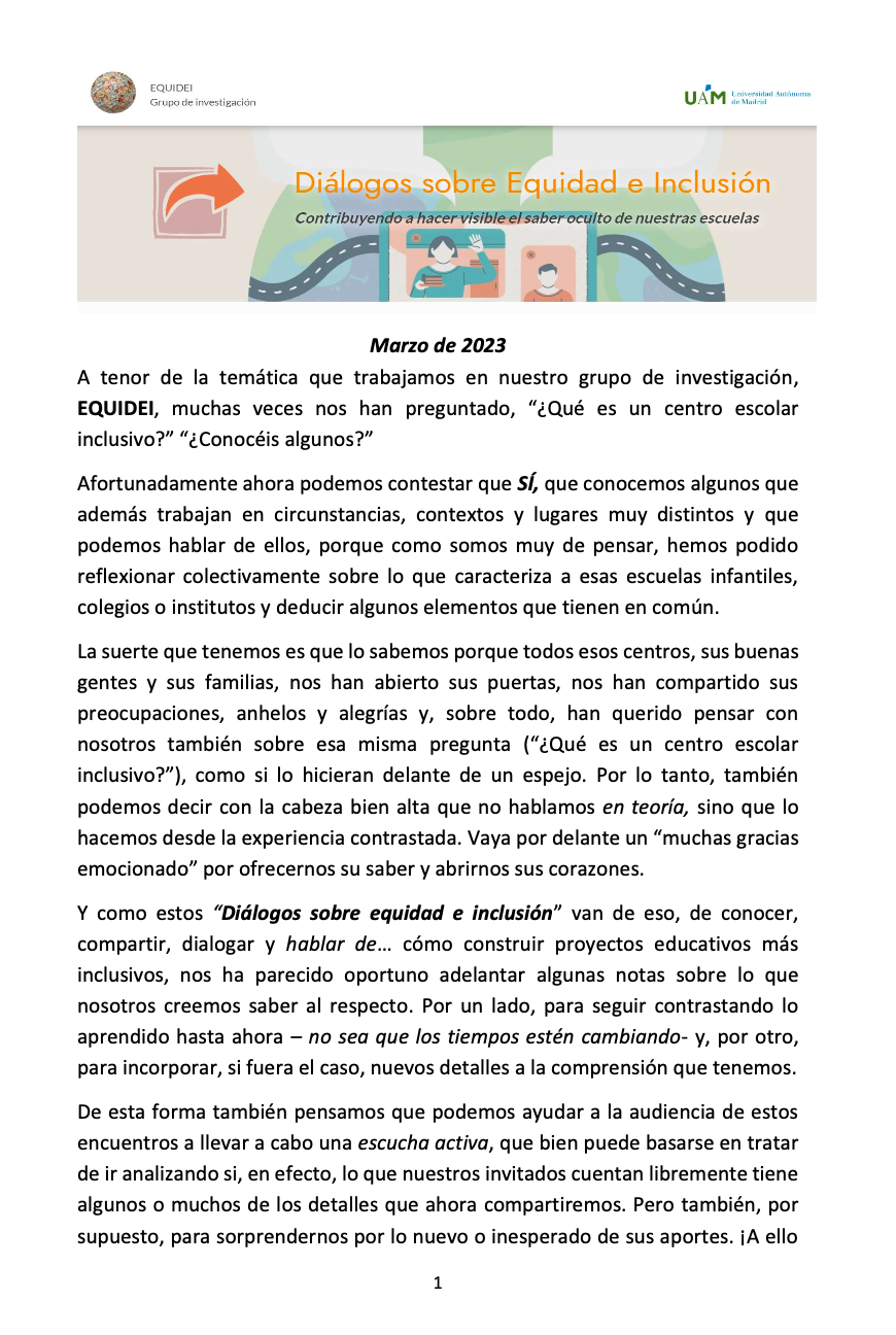 Ficha informativa de la una sesiones sobre Diálogos sobre Equidad e Inclusión
