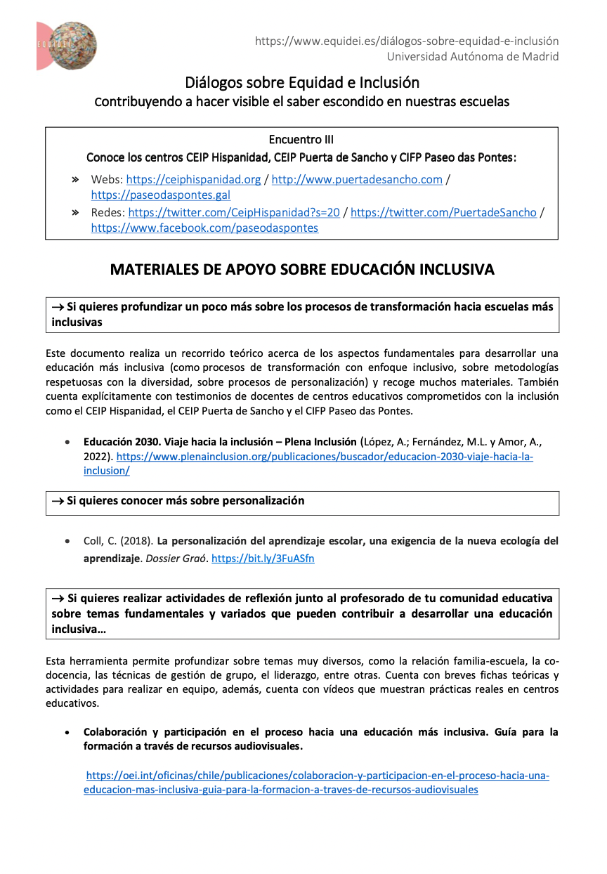 Ficha informativa de una de la sesiones sobre Diálogos sobre Equidad e Inclusión