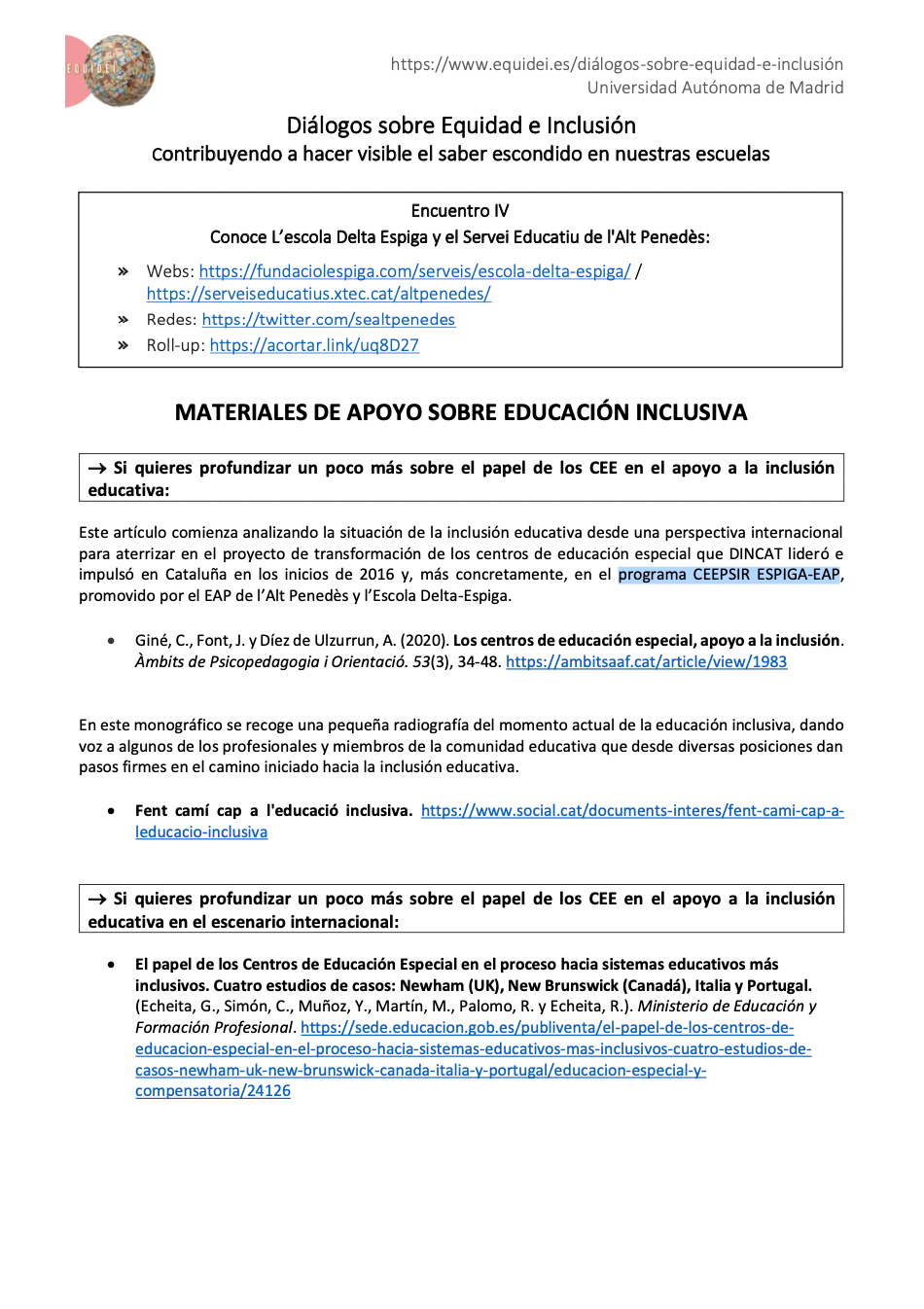 Ficha informativa de una de la sesiones sobre Diálogos sobre Equidad e Inclusión