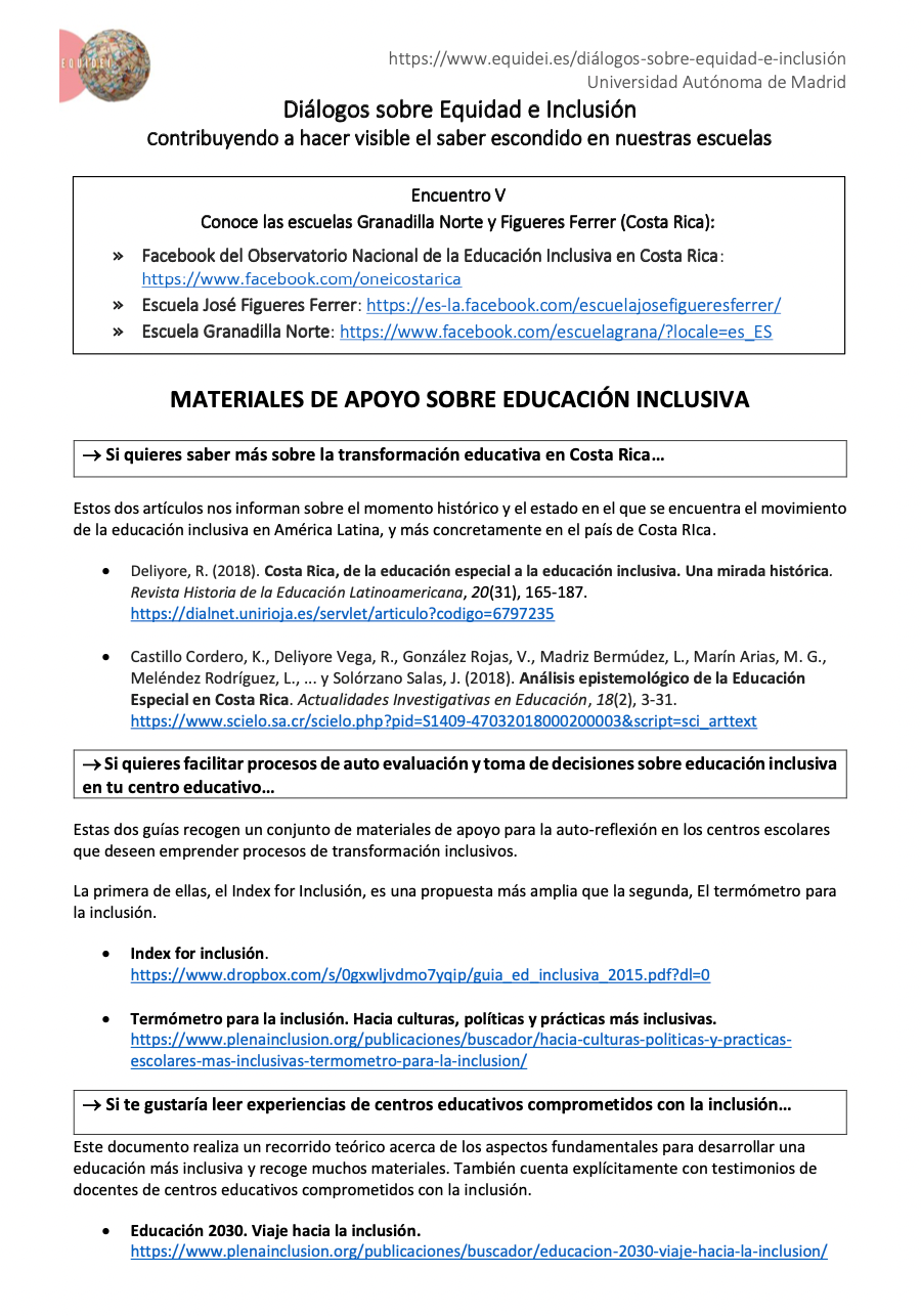 Ficha informativa de una de la sesiones sobre Diálogos sobre Equidad e Inclusión