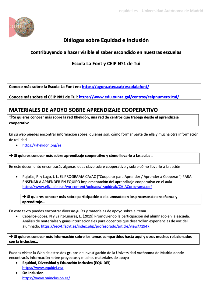Ficha informativa de una la sesiones sobre Diálogos sobre Equidad e Inclusión