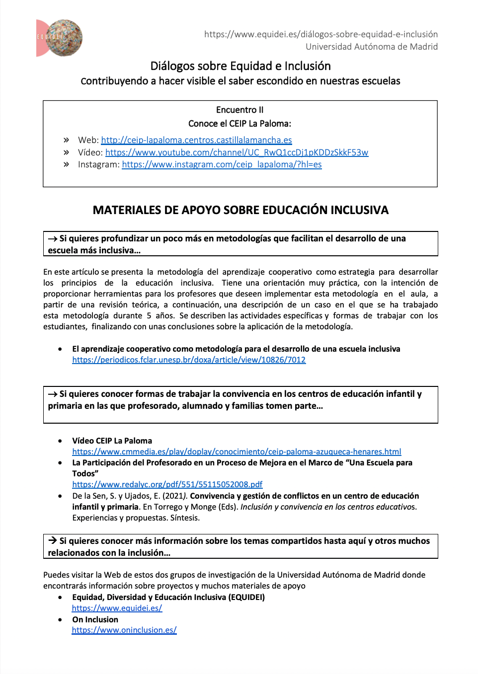 Ficha informativa de una de la sesiones sobre Diálogos sobre Equidad e Inclusión