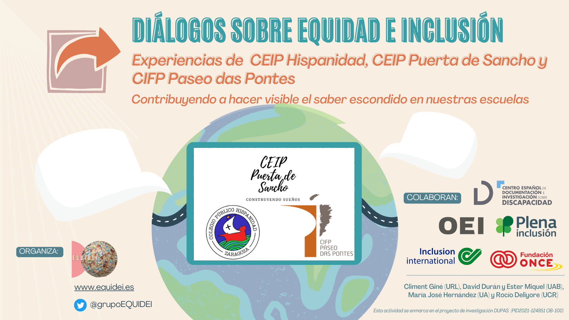 Portada de la sesión sobre Diálogos sobre Equidad e Inclusión. Experiencia del CEIP Hispanidad y del CEIP Puerta de Sancos