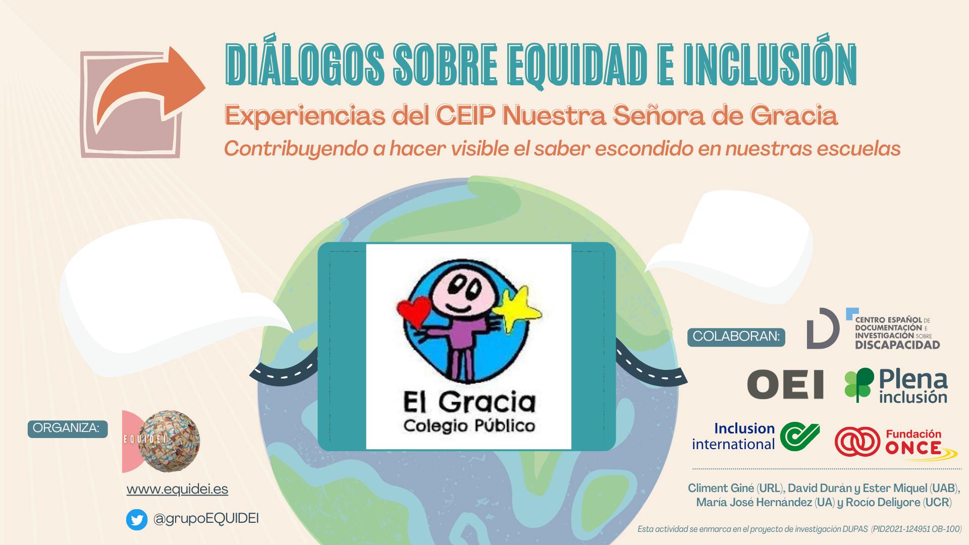 Portada de la sesión sobre Diálogos sobre Equidad e Inclusión. Experiencia del CEIP Nuestra Señora de Gracia, Málaga