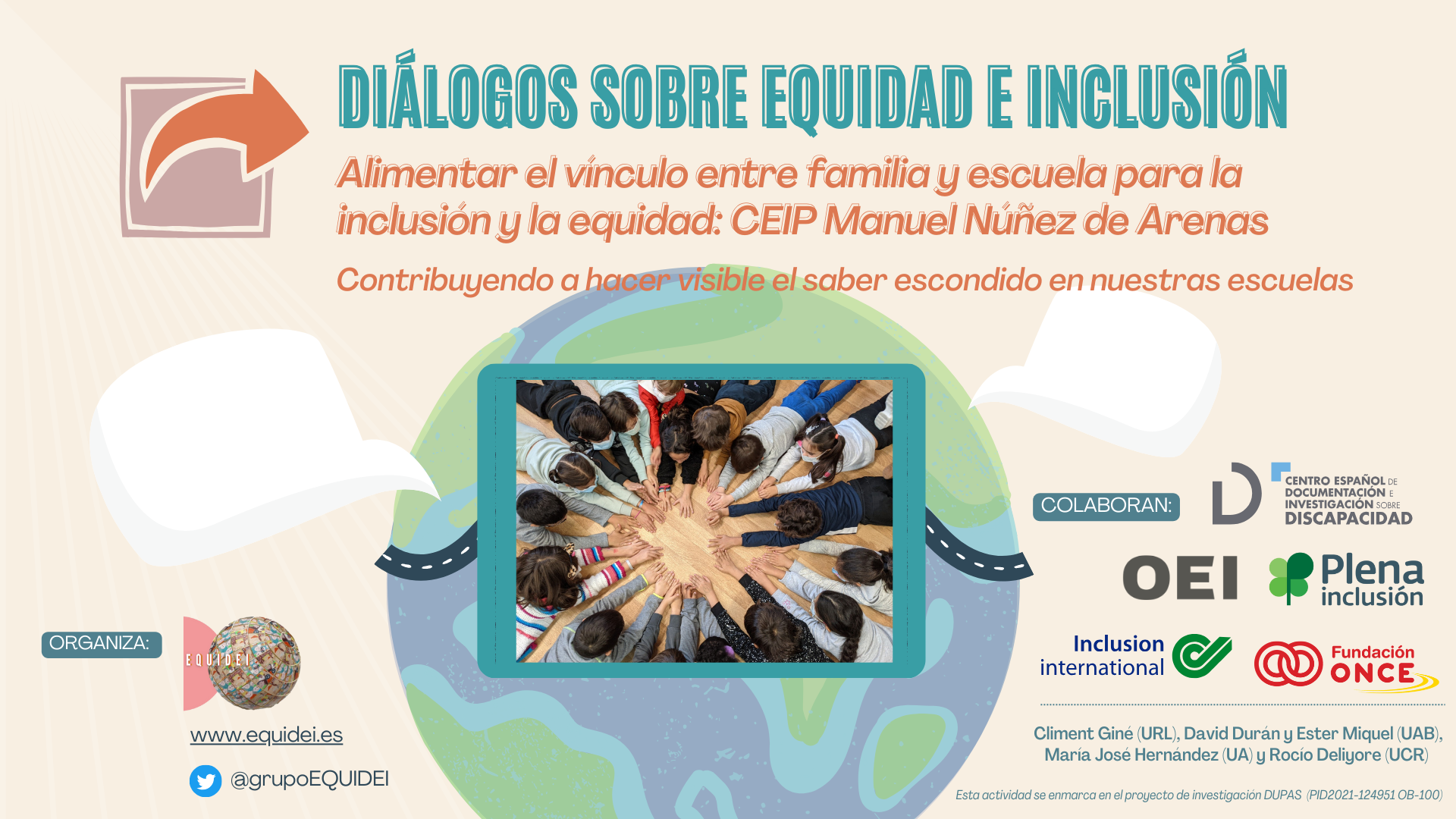 Portada de la sesión sobre Diálogos sobre Equidad e Inclusión. Experiencia del CEIP Manuel Núñez de Arenas, Madrid