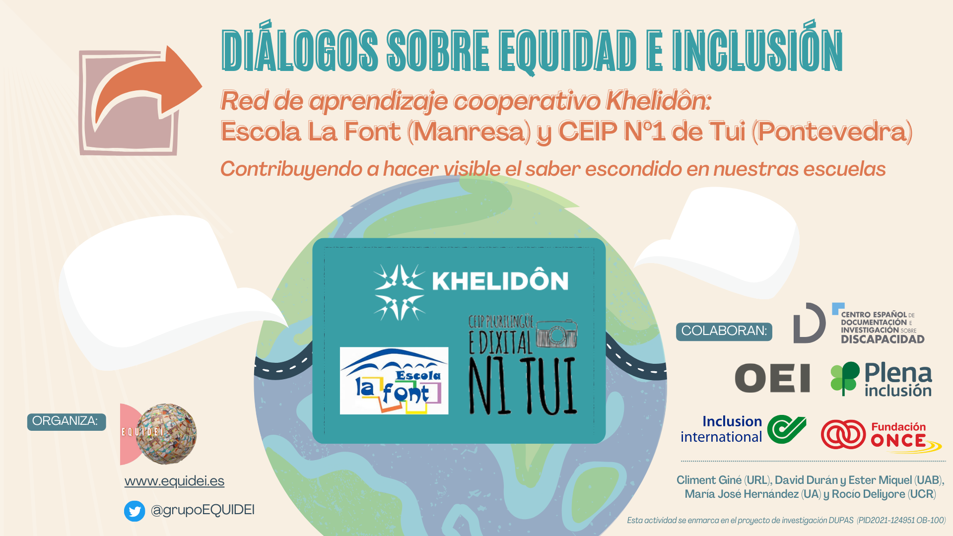 Portada de la sesión sobre Diálogos sobre Equidad e Inclusión. Experiencia de la Escola La Font (Manresa) y CEIP de Tui (Pontevedra).