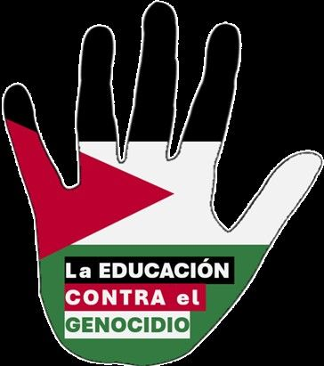 Logo de la campaña, La Educación contra el genocidio, que tiene los colores de la bandera de Palestina.