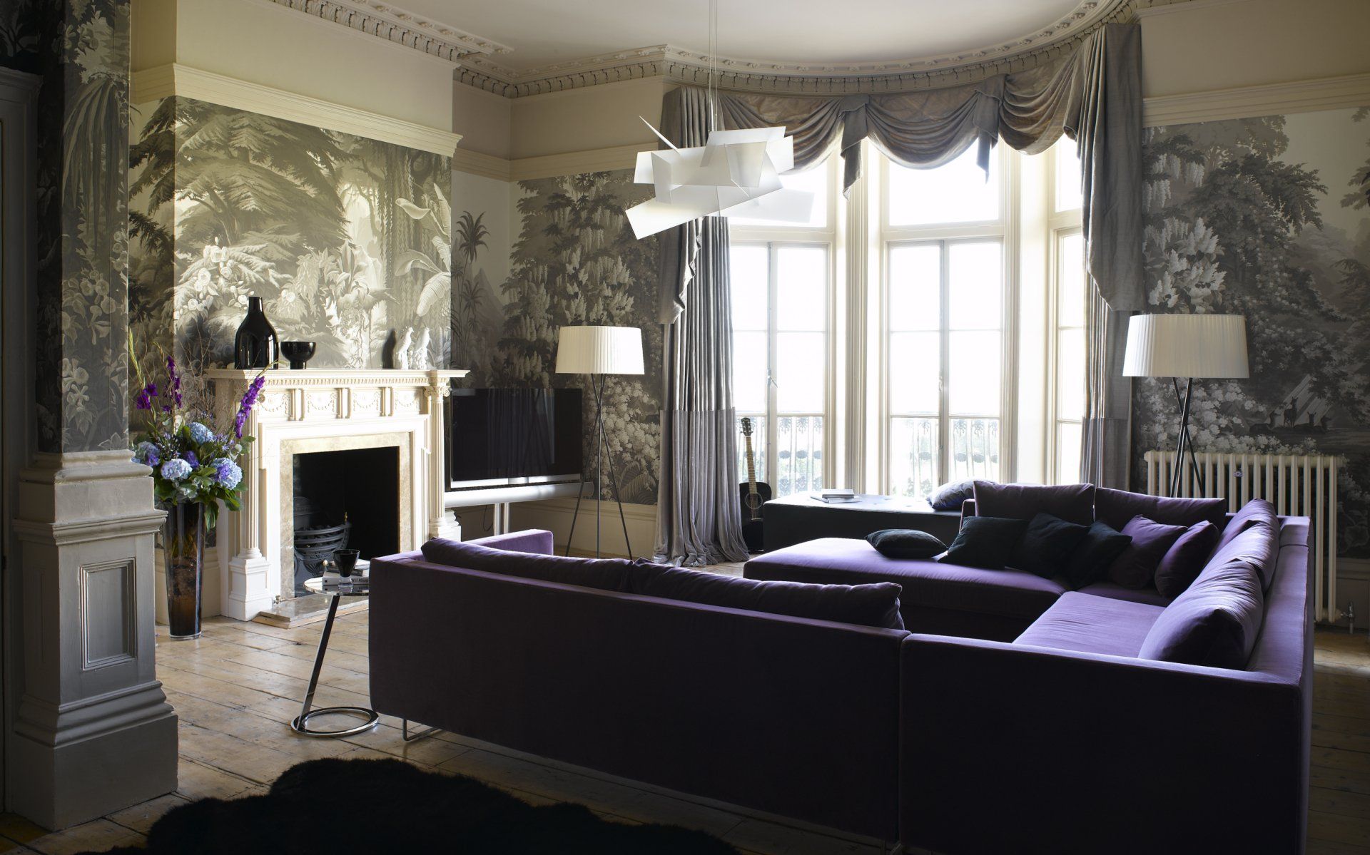 Grade 1 listed house, Marble Fireplace, Bang & Olufsen, Swags and Tails, Soft Furnishings, Designer's Guild, Living Room, purple sofa, Artemide Floor Lamps, Hand Pained Wallpaper, Regency House, Interior Design, Emma Saxby Interior Design, Wandsworth, London, UK