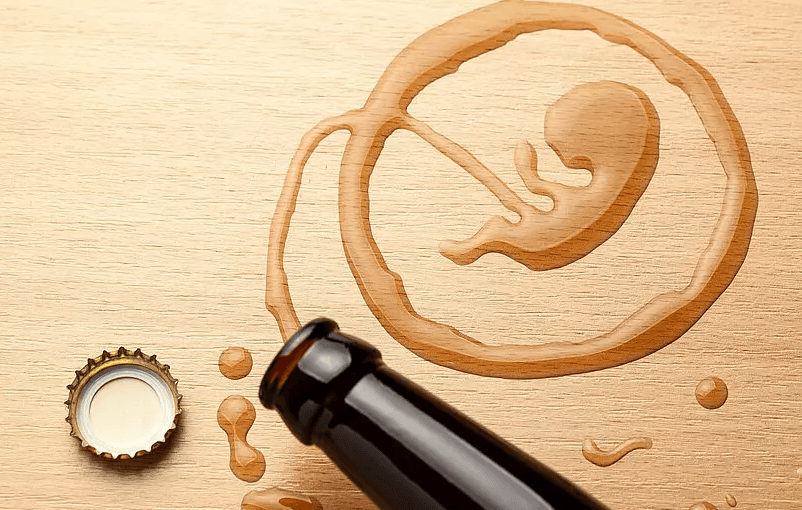 Umgekippte Bierflasche auf einem Tisch die mit den Trinkresten einen Fötus zeichnet