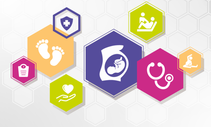 Hexagone mit Piktogrammen zum Thema Schwangerschaft und Versorgung