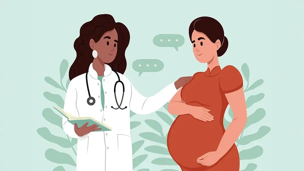 Hexagone mit Piktogrammen zum Thema Schwangerschaft und Versorgung