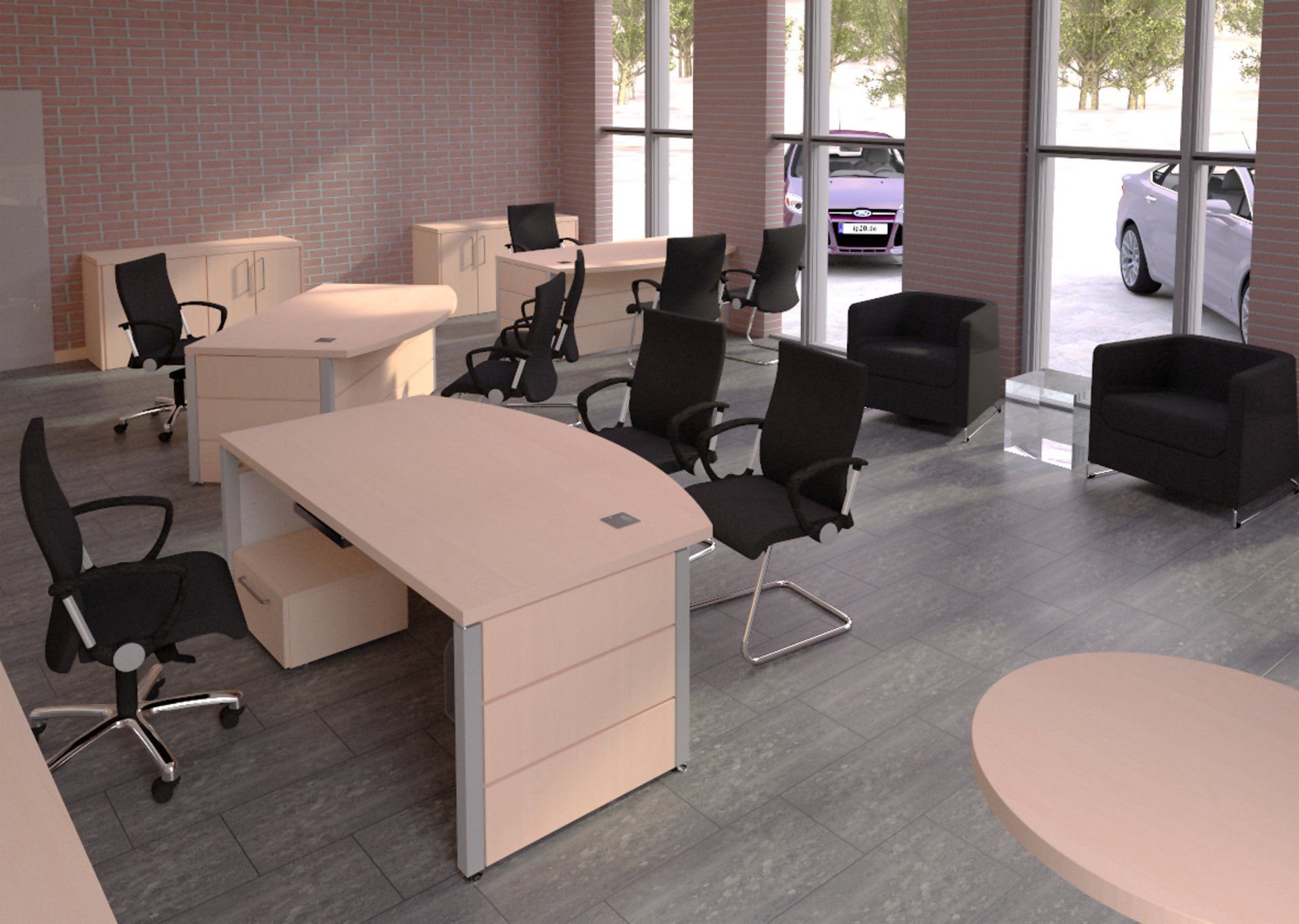 Arbeitsplatz mit Tisch und Schrank von ip20 Büroeinrichtung