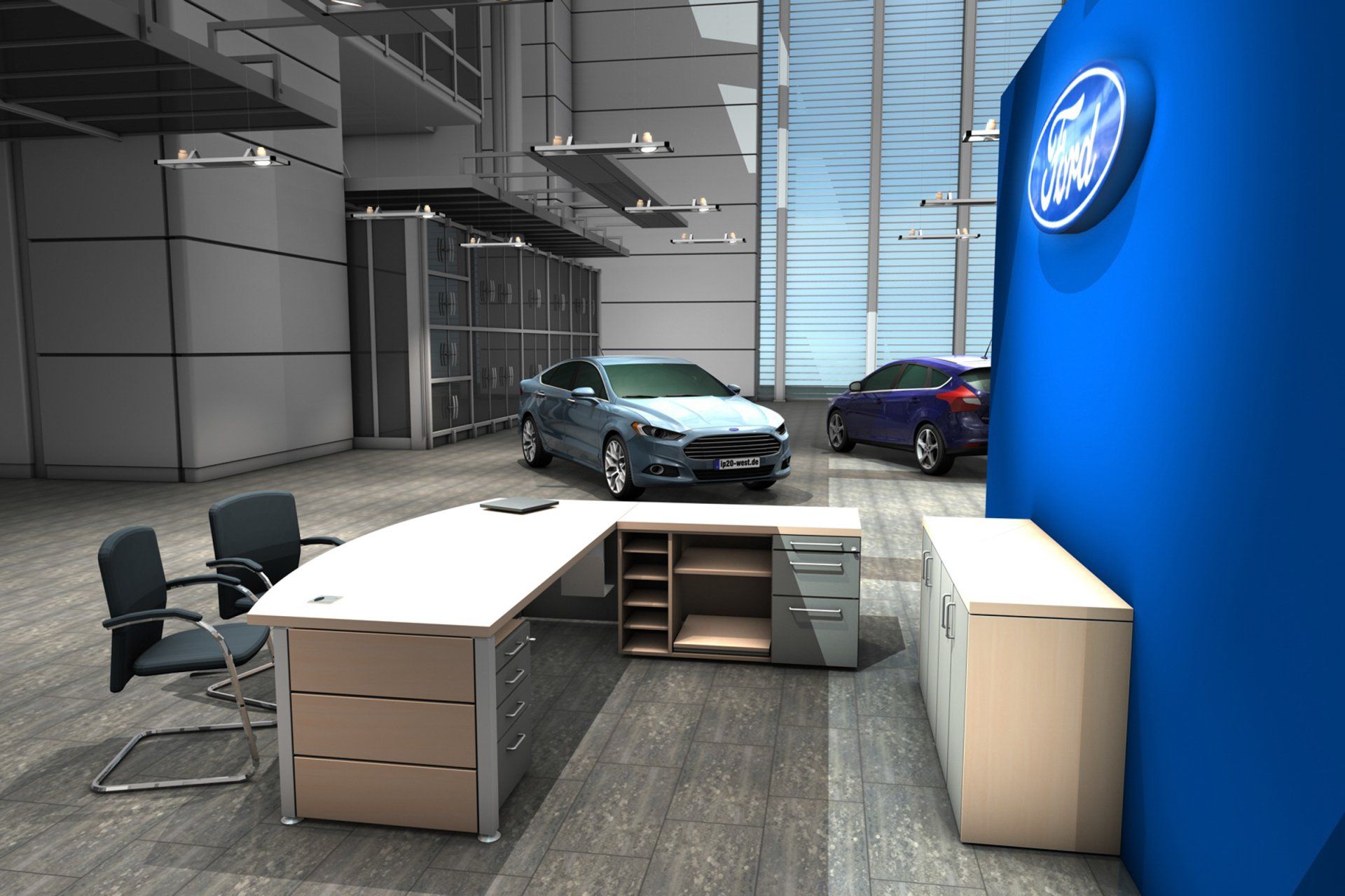 Arbeitsplatz mit Tisch und Schrank von ip20 Büroeinrichtung