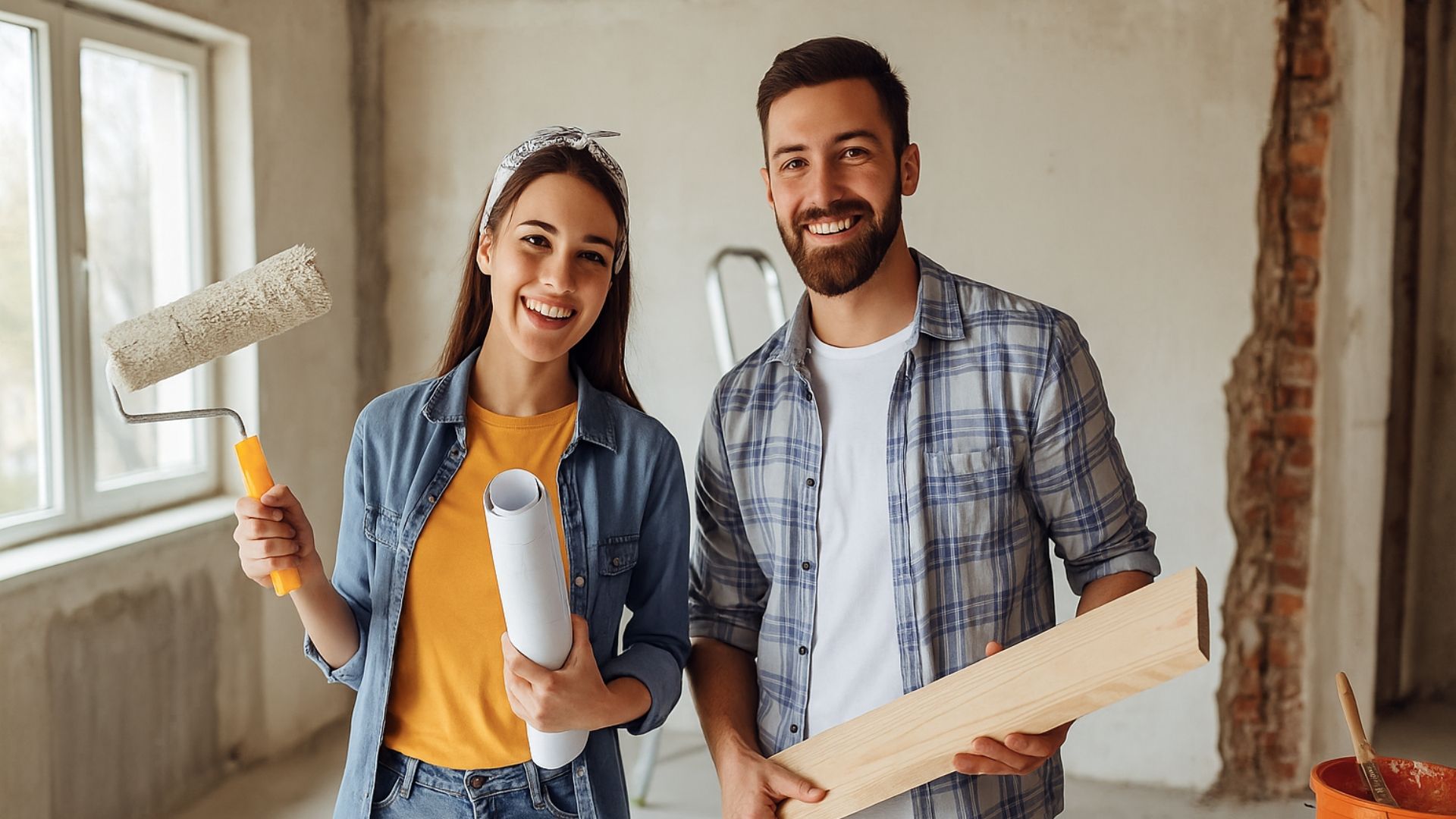 Glückliche Familie im Handwerker Outfit