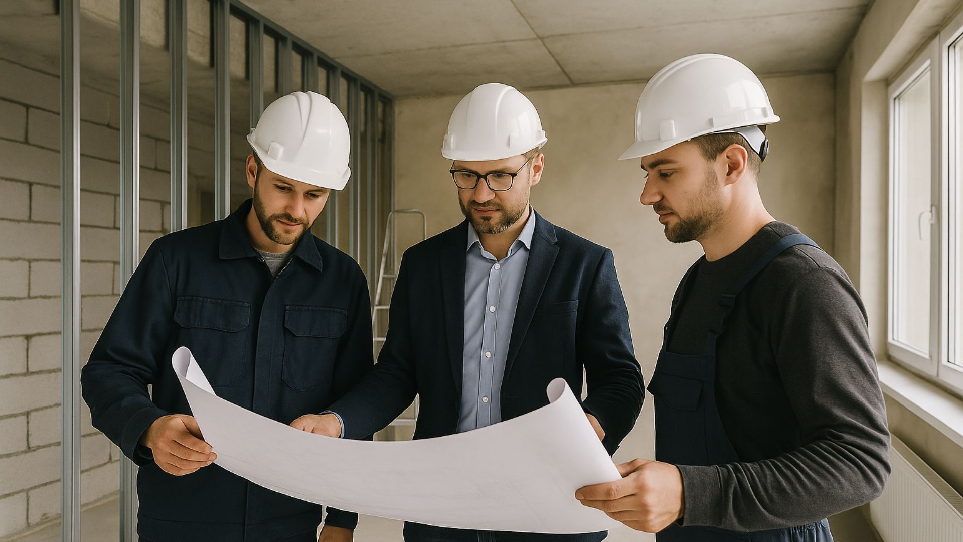 Bild mit einem Auftraggeber und Mitarbeiter und Bauleiter mit Plänen in der Hand