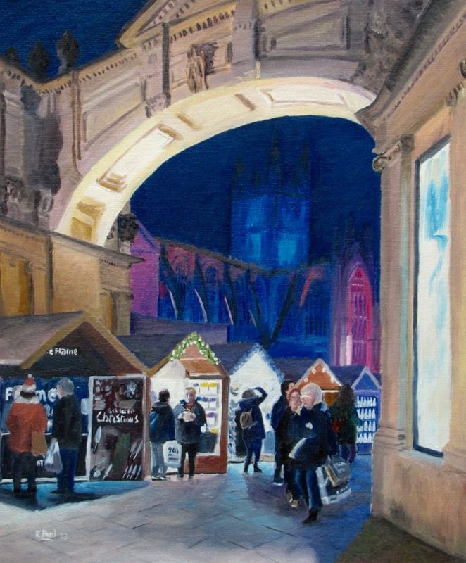 Bath Christmas Market 2, painted in oil by Richard Paul