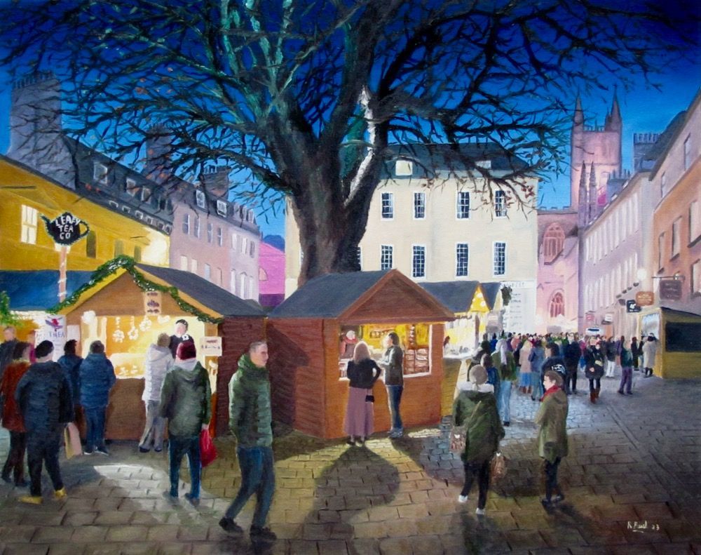 Bath Christmas Market painted in oil by Richard Paul