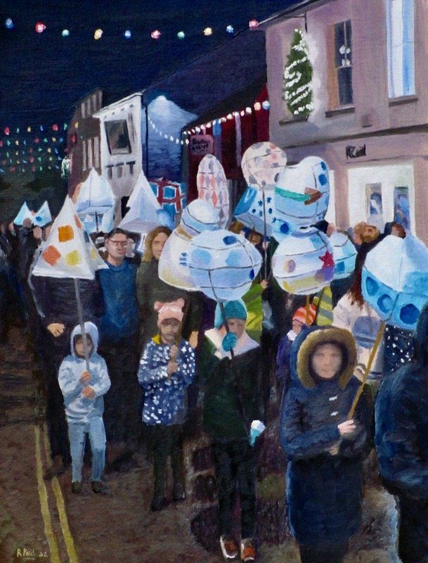 lantern parade Romsey lantern parade painted in oil by Richard Paul