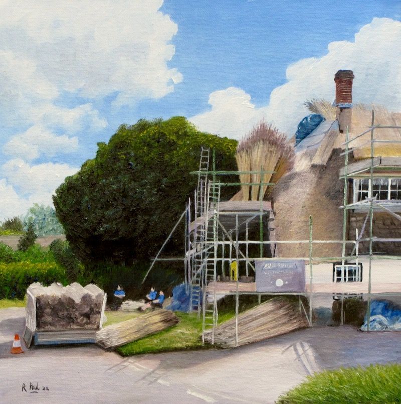 Thatchers tea break Thatchers painted in oil by rRchard Paul