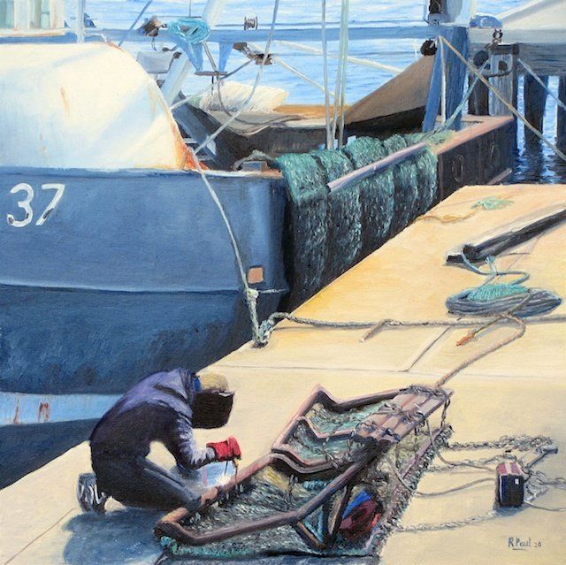 Fixing the boat, painted in oil by Richard Paul Fixing the boat, painted in oil by Richard Paul