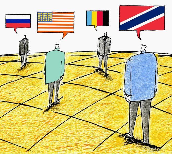 Sprachwirrwarr: Menschen mit unterschiedlichen Sprachen treffen aufeinander, Dolmetscher vermitteln.